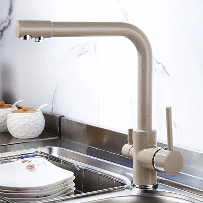 Torneira de cozinha com rotação de 360 ​​graus, torneira de água filtrada de latão curvada e dupla ângulo reto para água da pia da cozinha